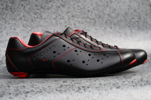 Black and red lace up leather road cycling shoes