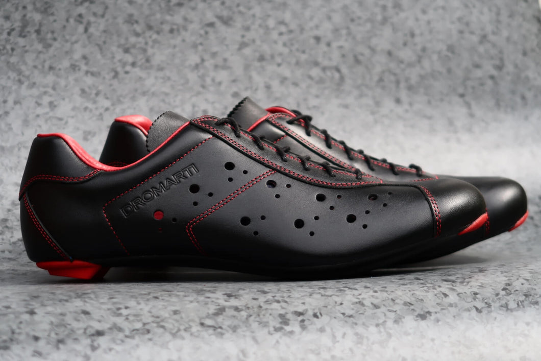 Black and red lace up leather road cycling shoes